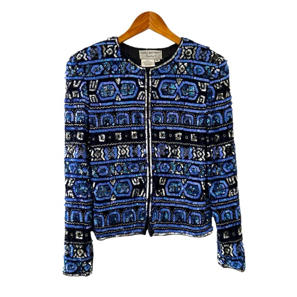 Vintage Papell Heavily Beaded Blue Jacket Geometric Sequin Formal Jacket Size 8 - Picture 3 of 14